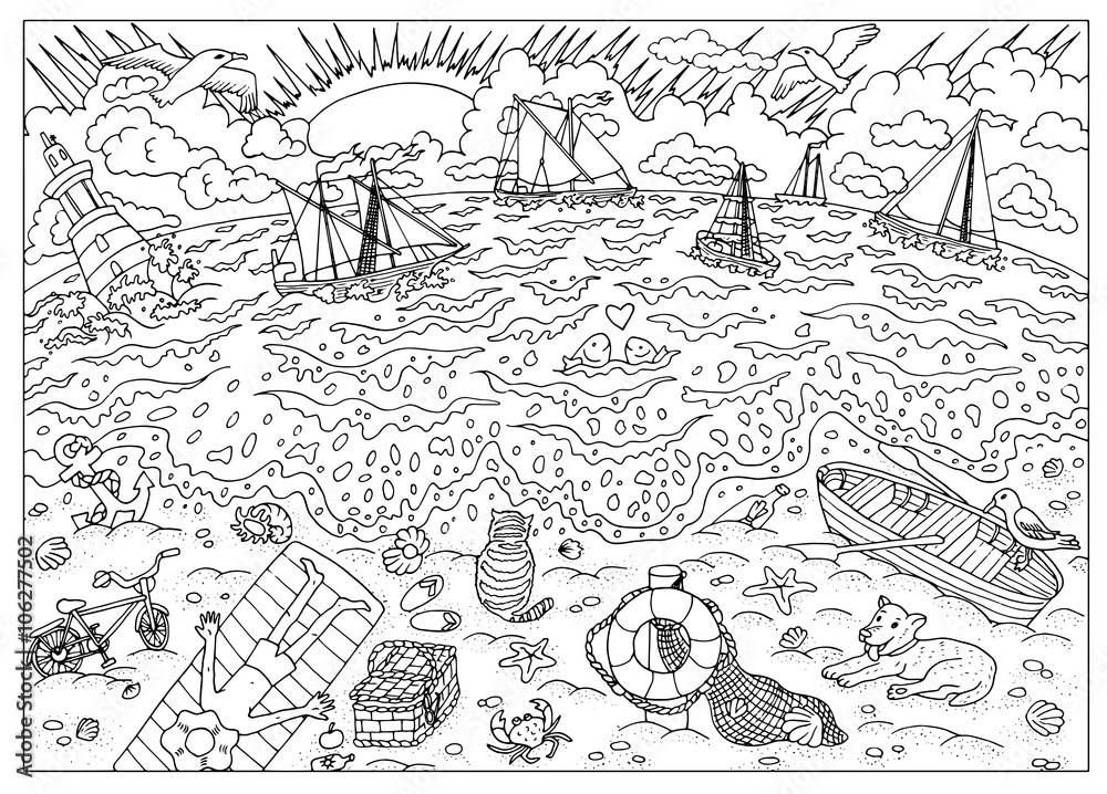 Hand drawn illustration of beach after storm coloring book page vector