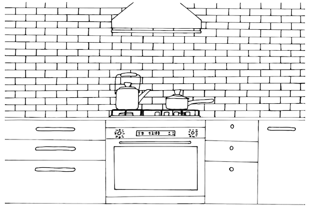 Premium vector kitchen coloring page with oven stove hood cooker brick wall kitchen furniture cozy coloring book for children and adults kitchen tools dish cabinet cupboard