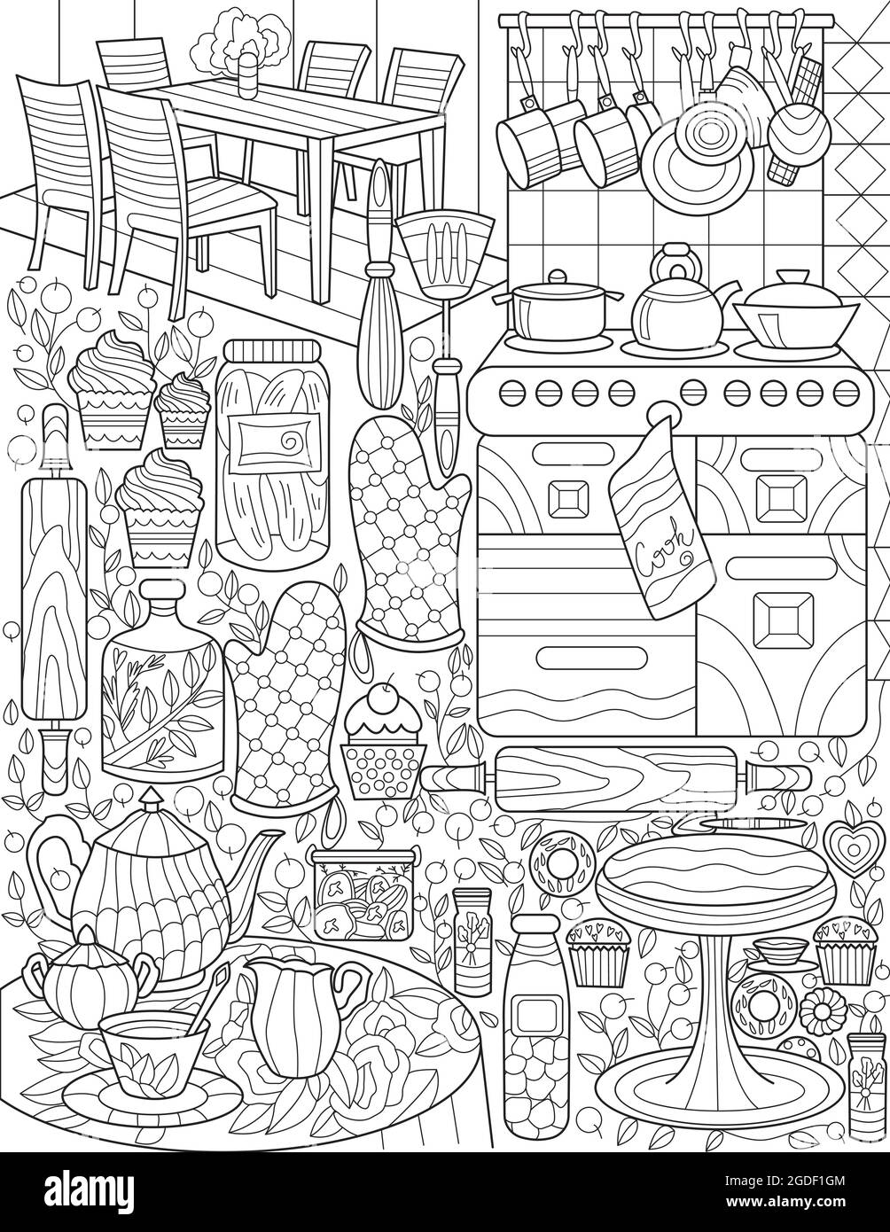 Home kitchen doodle stove pot holder table tea set dining colorless line drawing mutiple cooking supplies roller round tables cookware coloring book stock vector image art