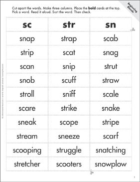 Beginning blends sc str sn word sort printable lesson plans and ideas research and study tools