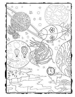 Dark whimsical art downloadable coloring page strange world