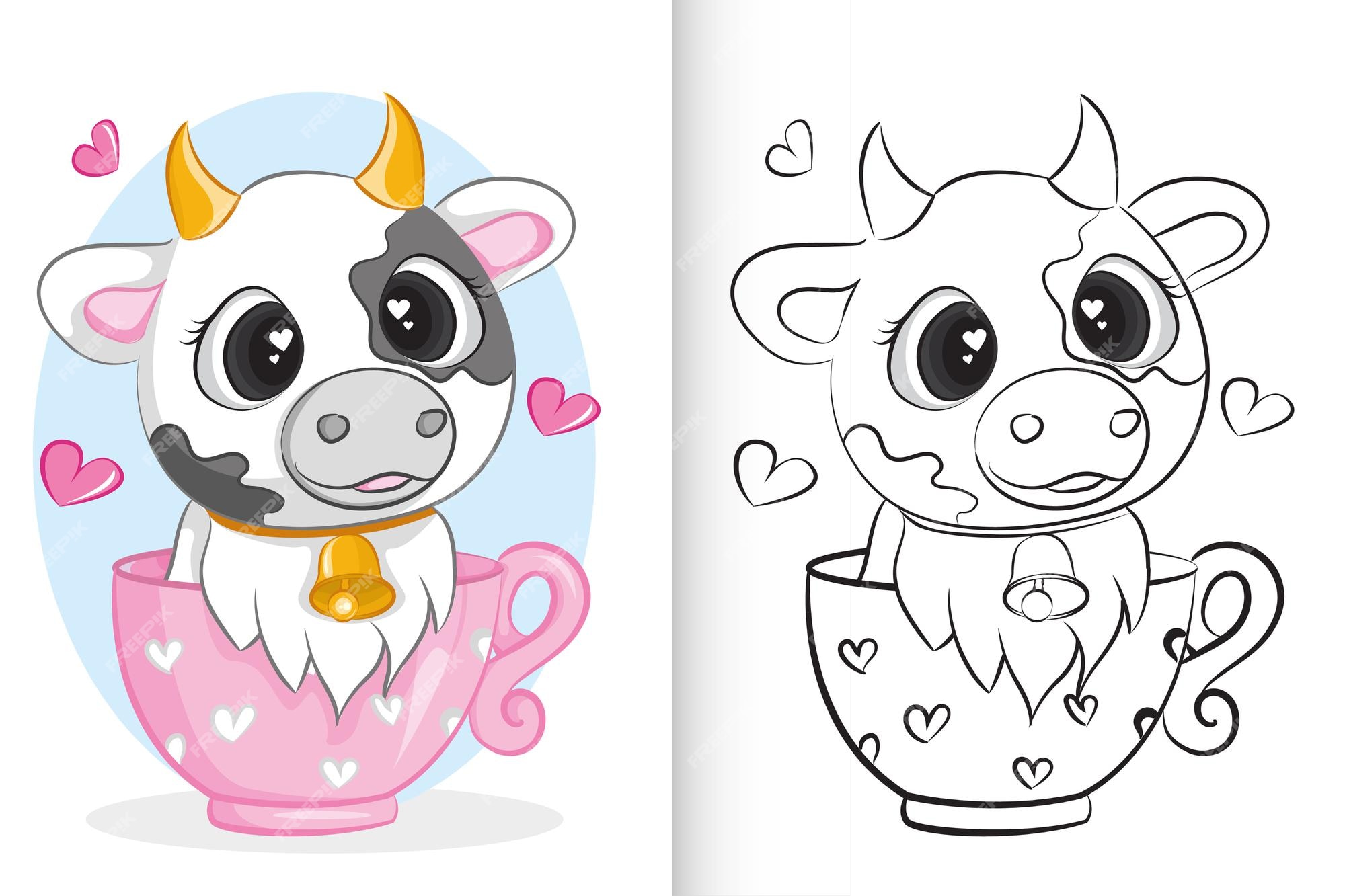 Premium vector cute cow in pink cup coloring book for preschool children