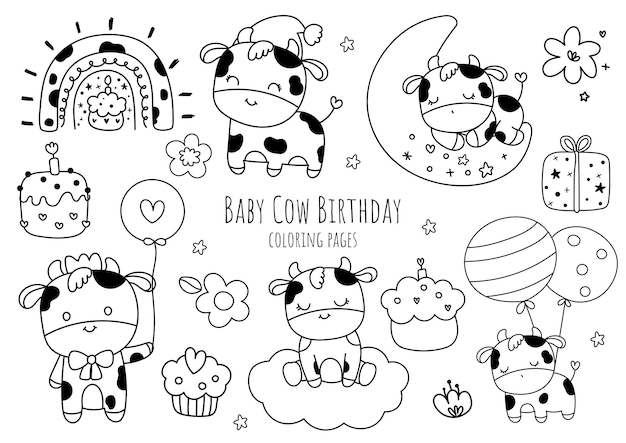 Premium vector baby cow birthday coloring pages baby cow doodle