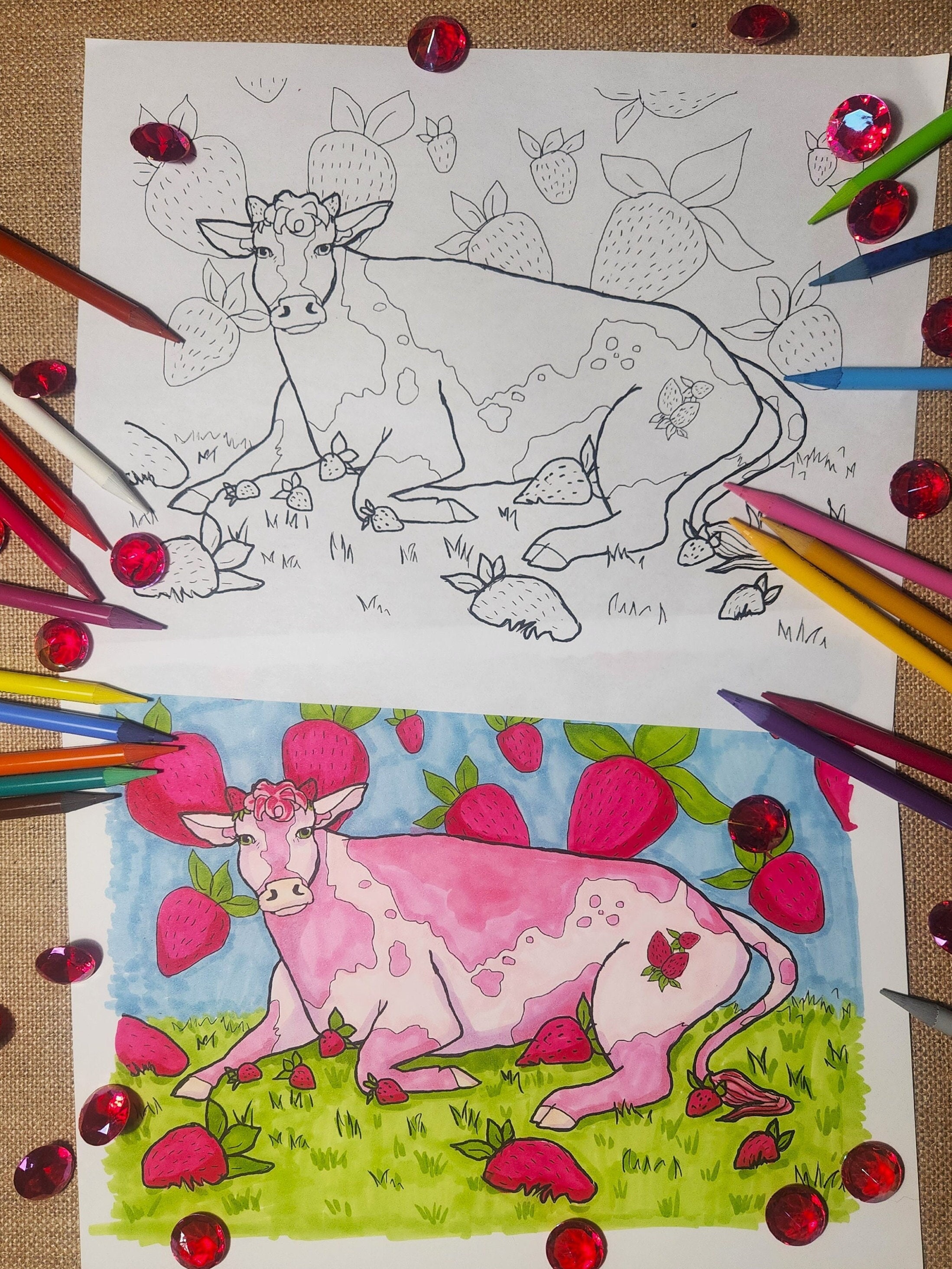 Strawberry cow downloadable coloring page instant download