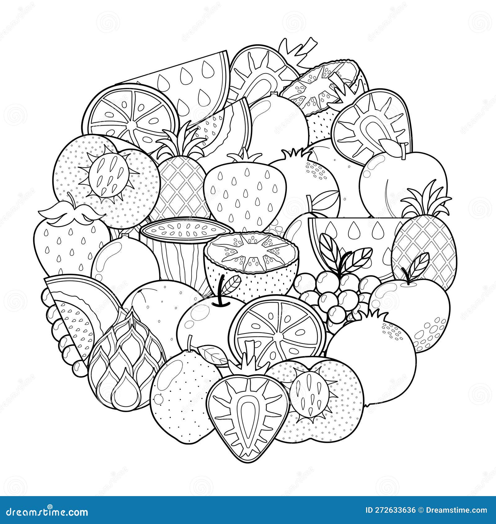 Doodle fruits circle shape pattern for coloring book food mandala coloring page stock vector