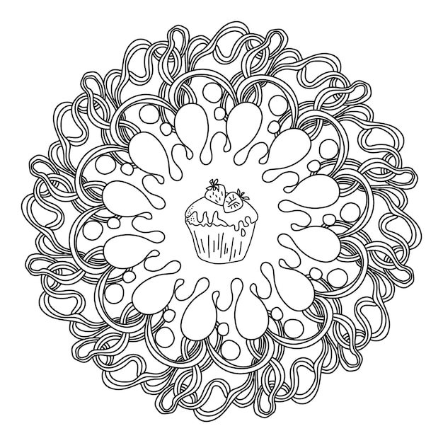 Premium vector contour mandala with splash and strawberry cupcake in the center coloring page