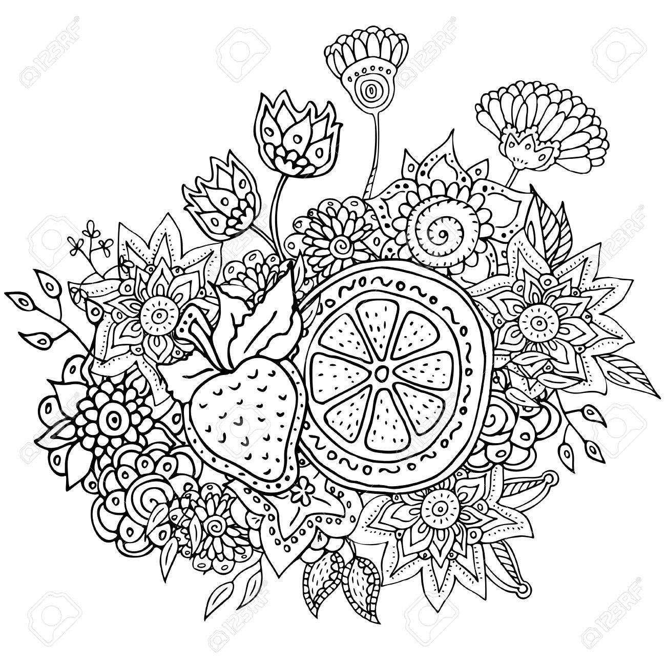 Vector pattern with abstract flowers orange and strawberry coloring book page for adult royalty free svg cliparts vectors and stock illustration image