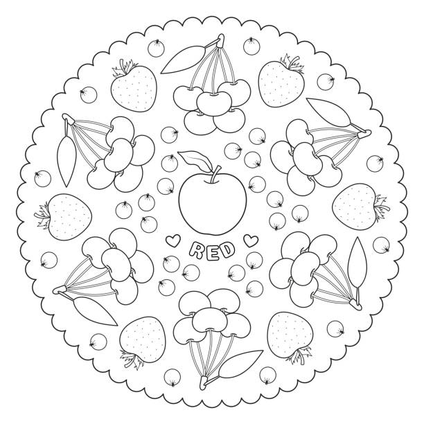 Coloring page mandala for kids with red color apple strawberries cherries and watermelon learning colors vector illustration stock illustration