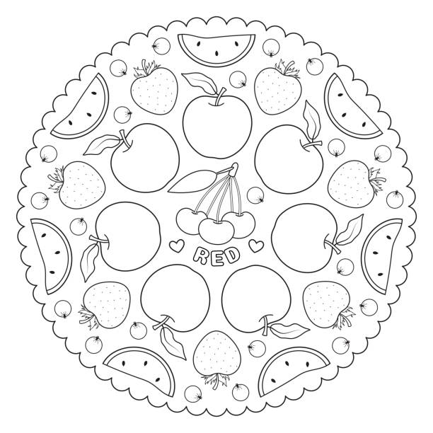 Coloring page mandala for kids with red color apple strawberries cherries and watermelon learning colors vector illustration stock illustration