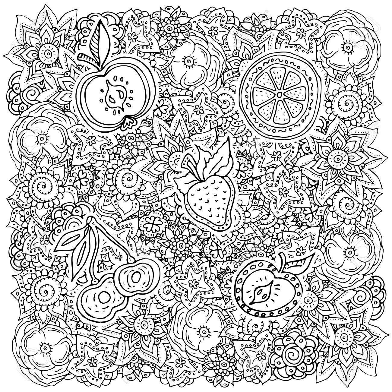 Vector pattern with abstract flowers fruits and berries apple orange cherry strawberry coloring book page for adult square form royalty free svg cliparts vectors and stock illustration image