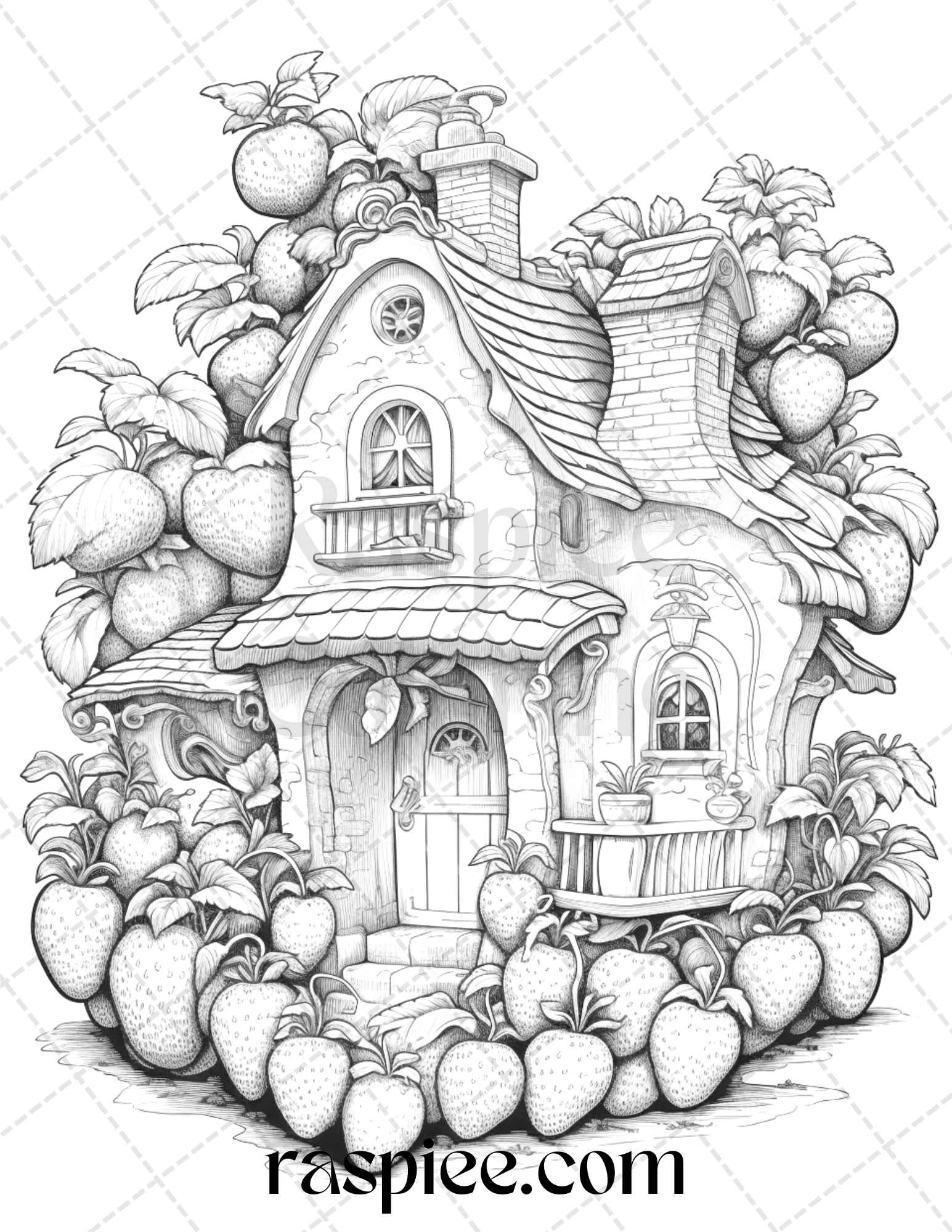 Strawberry houses grayscale coloring pages printable for adults kid â coloring