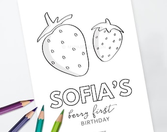 Strawberry party coloring page berry first birthday activity summer fruit party decor instant download printable editable pdf