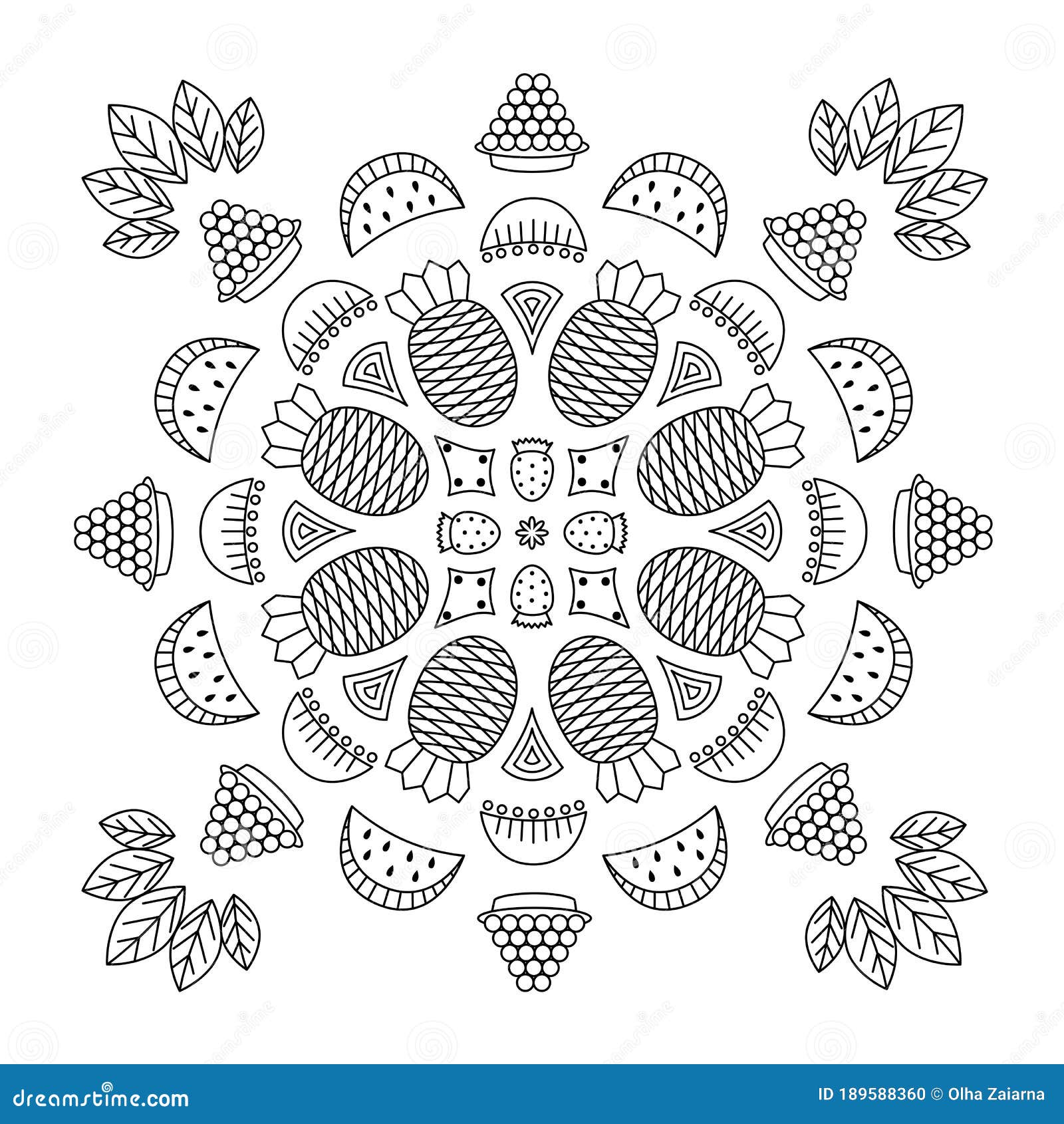Round fruit pattern coloring page with food and leaves stock vector