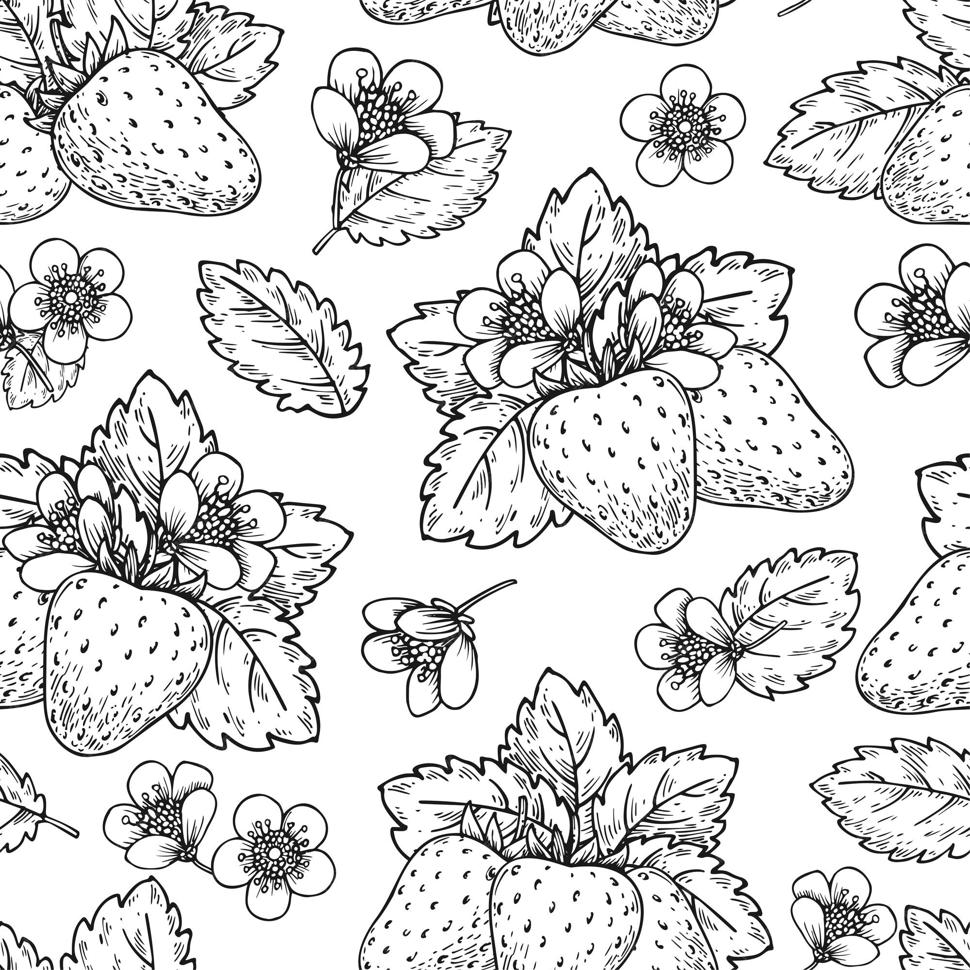 Premium vector strawberry black line seamless pattern handdrawn sketch berries flowers leaves endless background for packaging cover surface wallpaper fabric coloring antistress page greeting card poster print