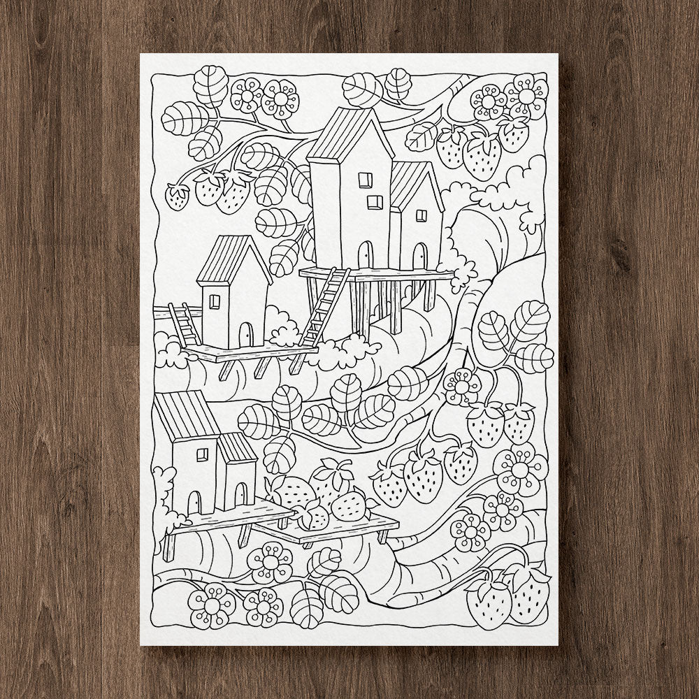 Strawberry village coloring page â grifik