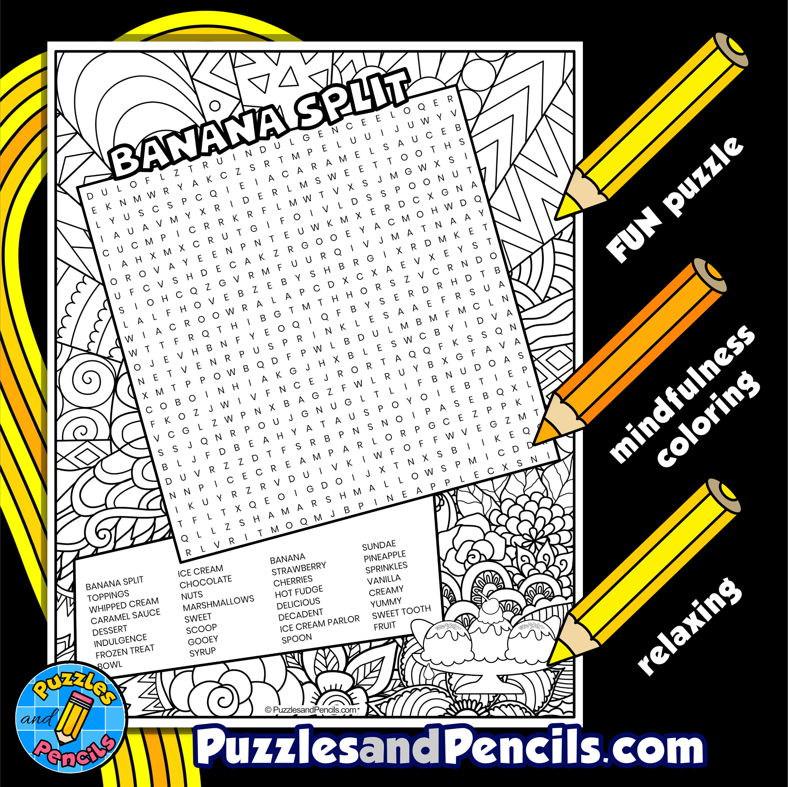 Banana split word search puzzle with coloring wordsearch made by teachers