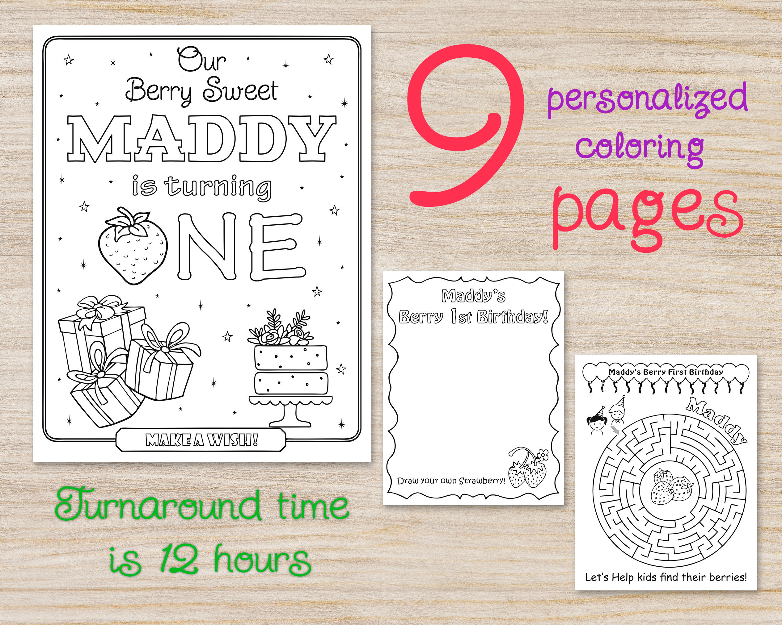 Berry birthday party coloring pages strawberry personalized tropical summer fruit first birthday party favors decorations printable
