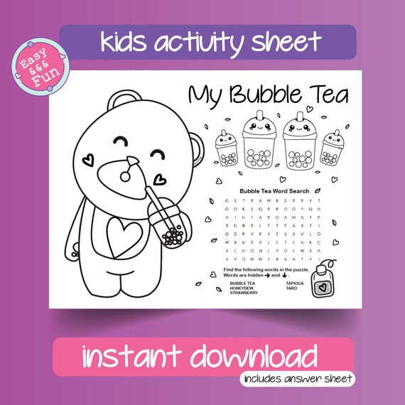 Bubble tea coloring page l birthday party activity l word search coloring maze l kawaii l kids activities l digital printable games instant download