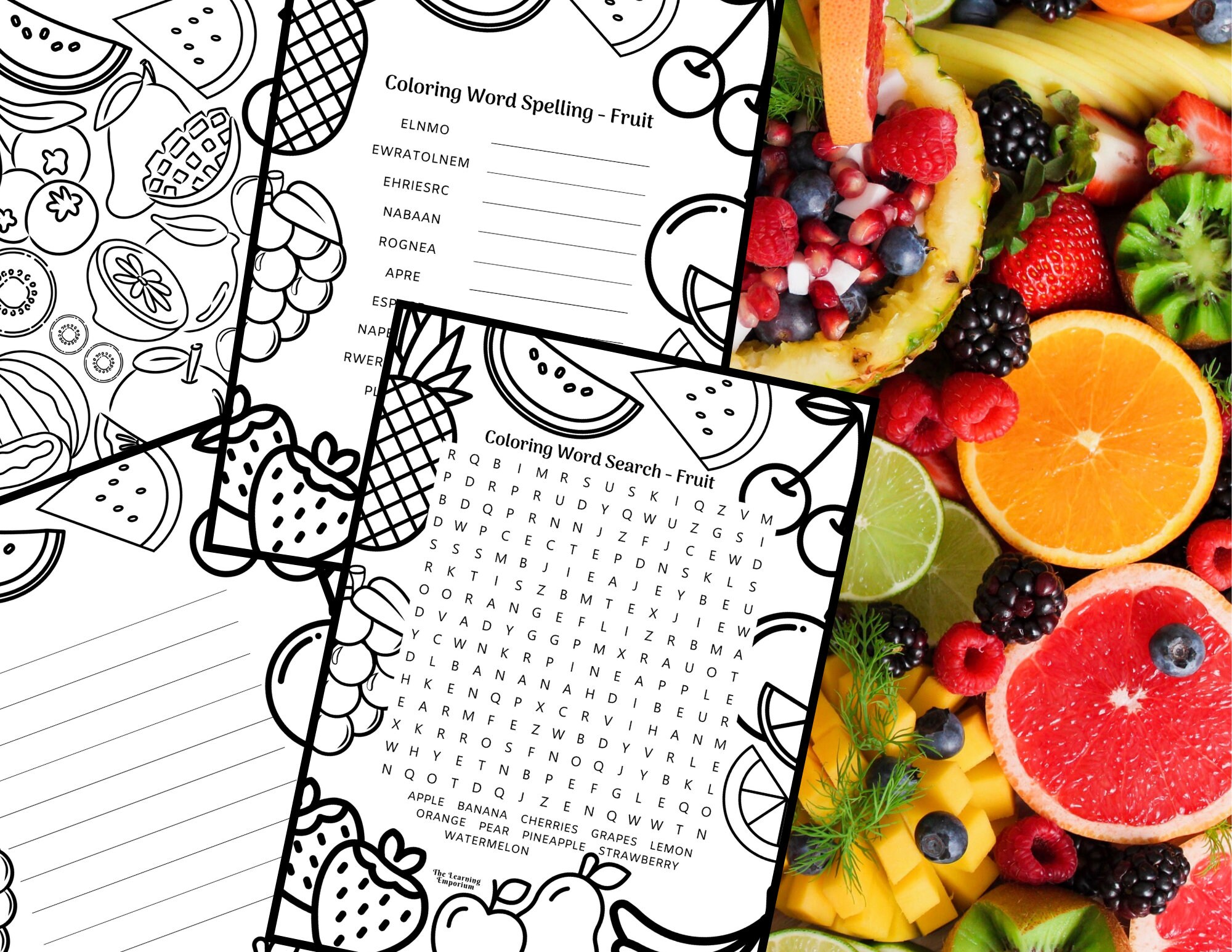 Fruit printable page bundle coloring word search activity sheets coloring sheets coloring pages puzzles word searches