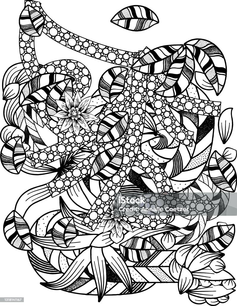 Floral graffiti coloring page for adults relaxation stock illustration
