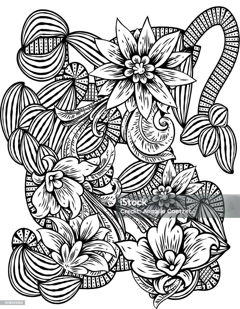 Floral graffiti coloring page for adults relaxation stock illustration