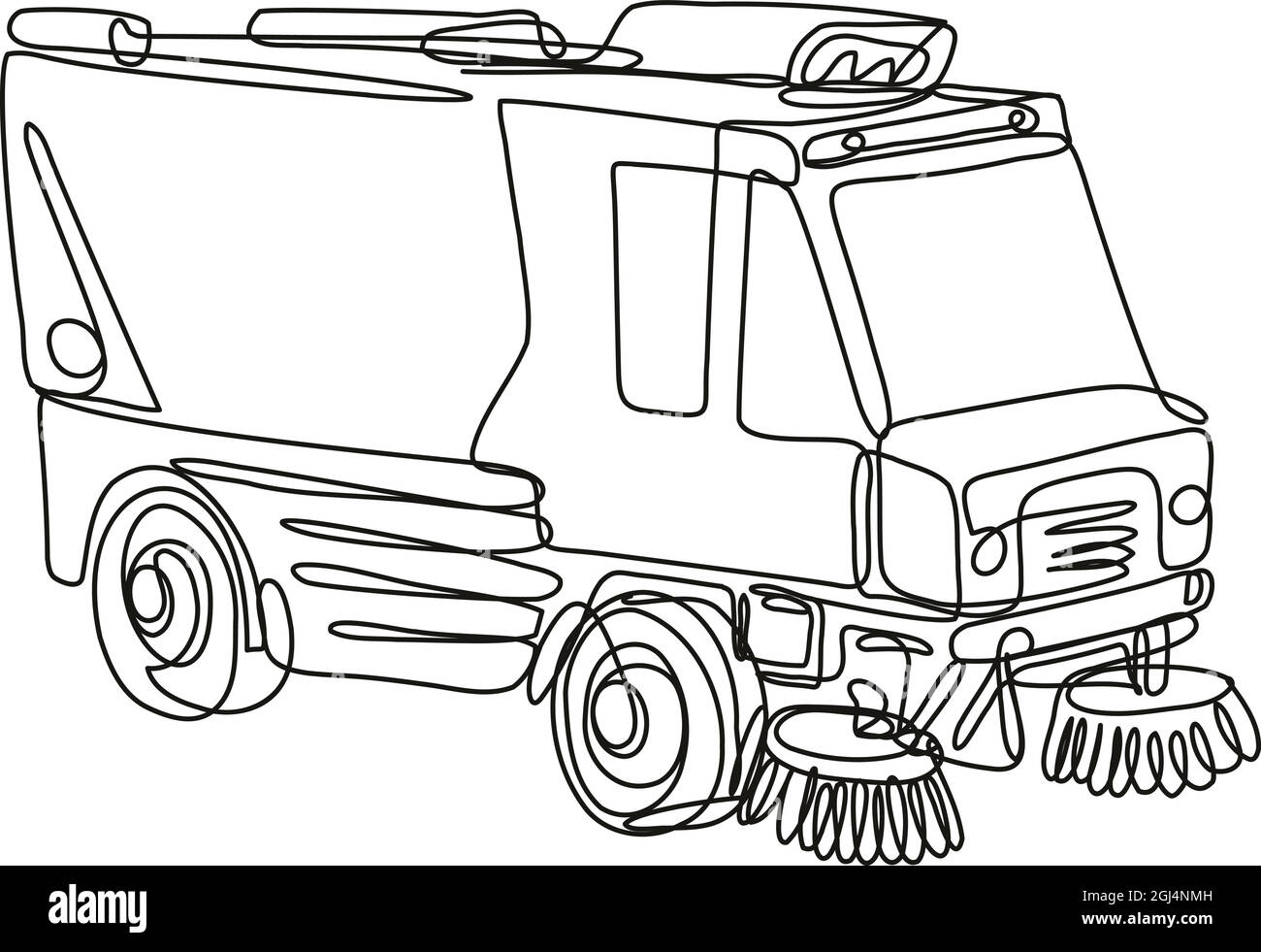 Continuous line drawing illustration of a street sweeper or street cleaner truck side view done in mono line or doodle style in black and white on iso stock vector image art