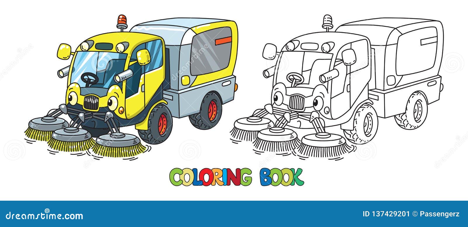 Funny small sweeper car with eyes coloring book stock vector