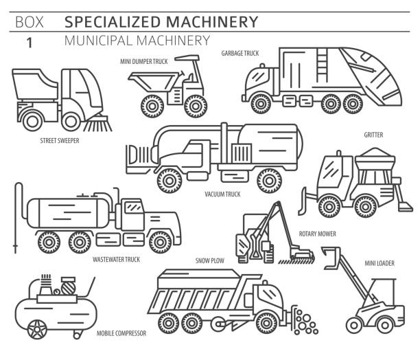 Special industrial road and municipal machine linear vector icon set isolated on white stock illustration