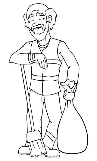 Old street sweeper standing with broom and garbage bag in outlines vector illustration stock illustration