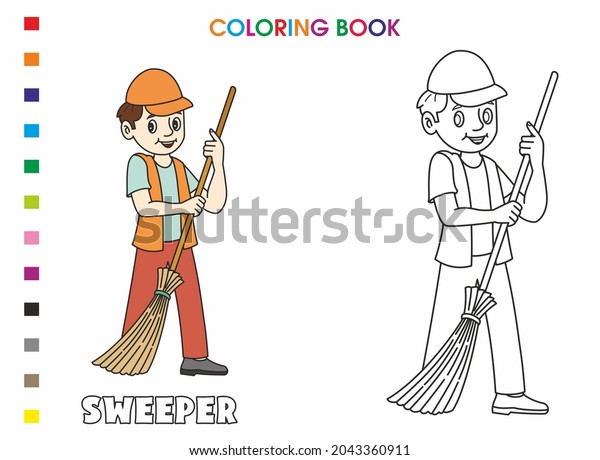 Coloring book children sweeper broom munity stock illustration
