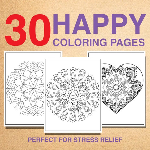 Happy mandala coloring pages to relieve stress anxiety depression instant download printable coloring book for adults kids coloring