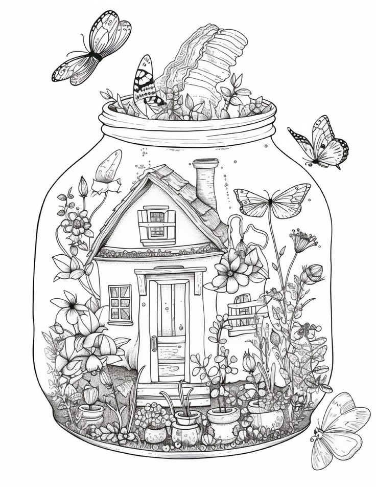 Printable fairy houses in jar coloring pages for adults grayscale grayscale coloring books coloring pages adult coloring pages