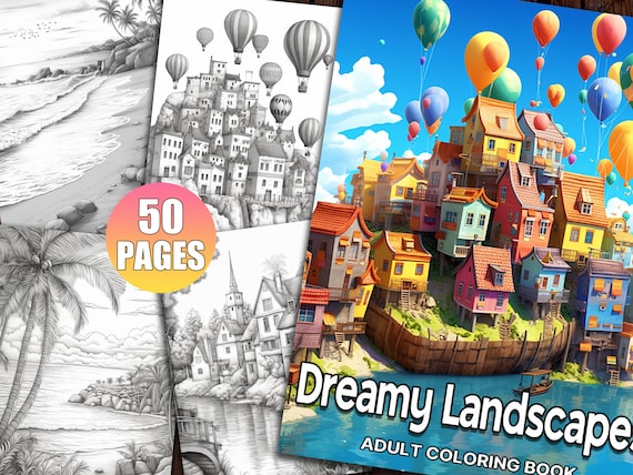 Dreamy landscapes coloring pages for adults a stress relief mindfulness coloring book printable pdf digital download download now