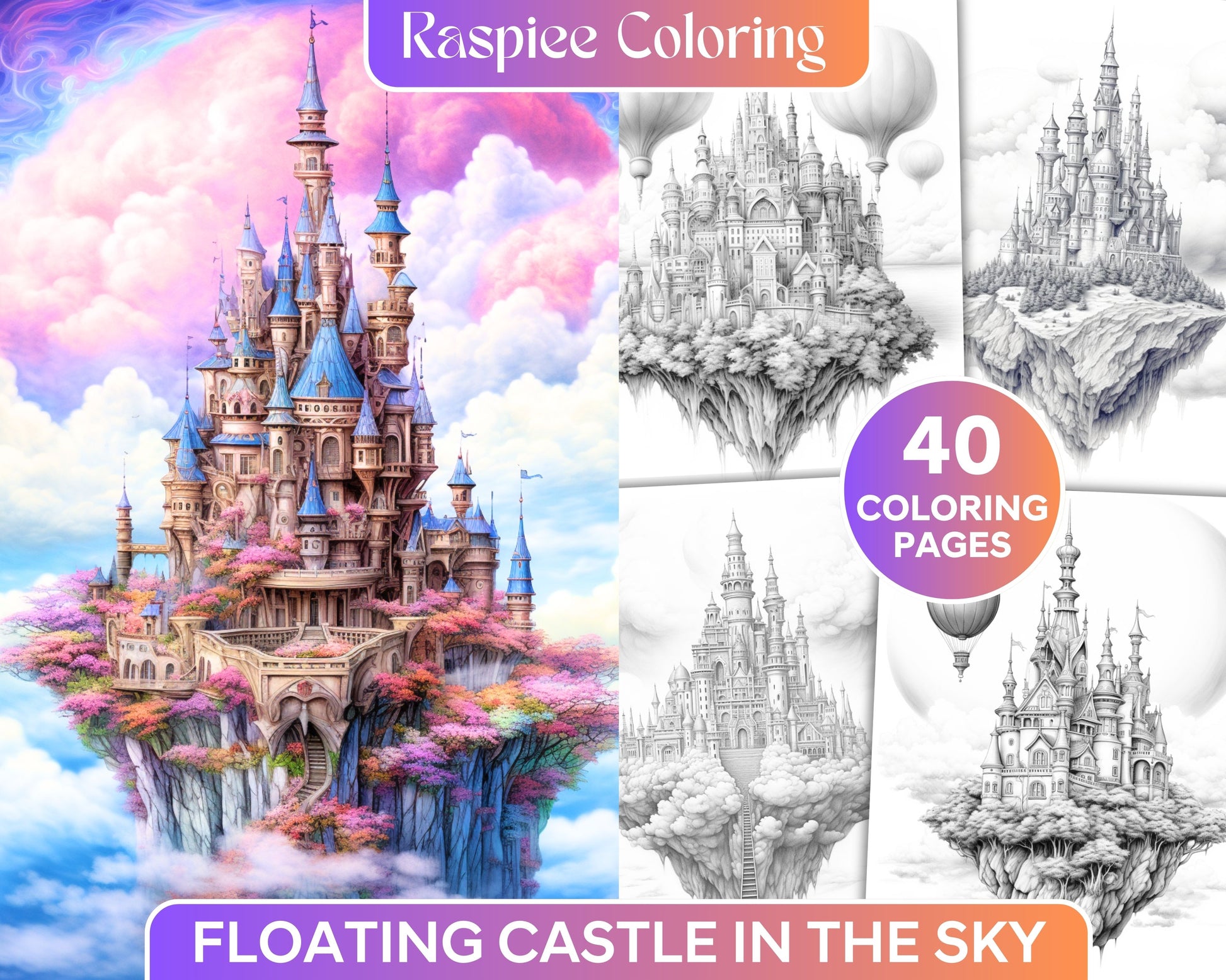 Floating castle in the sky grayscale coloring pages for adults printa â coloring