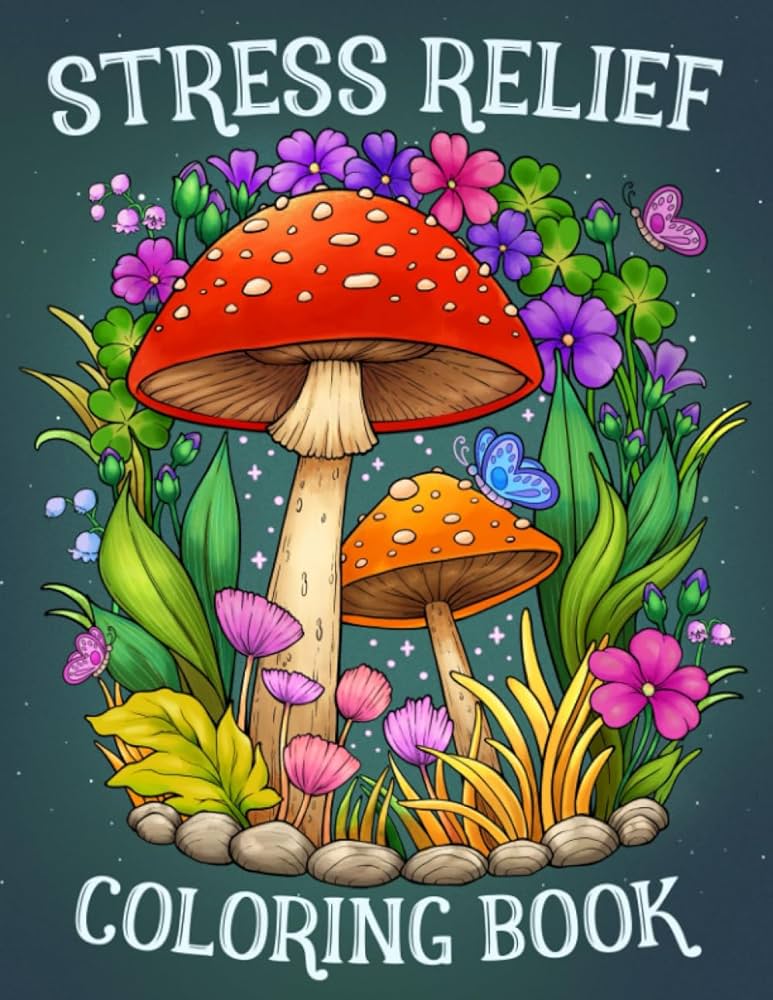 Stress relief adult coloring book with animals landscape flowers patterns mushroom and many more for relaxation publishing kytefox books