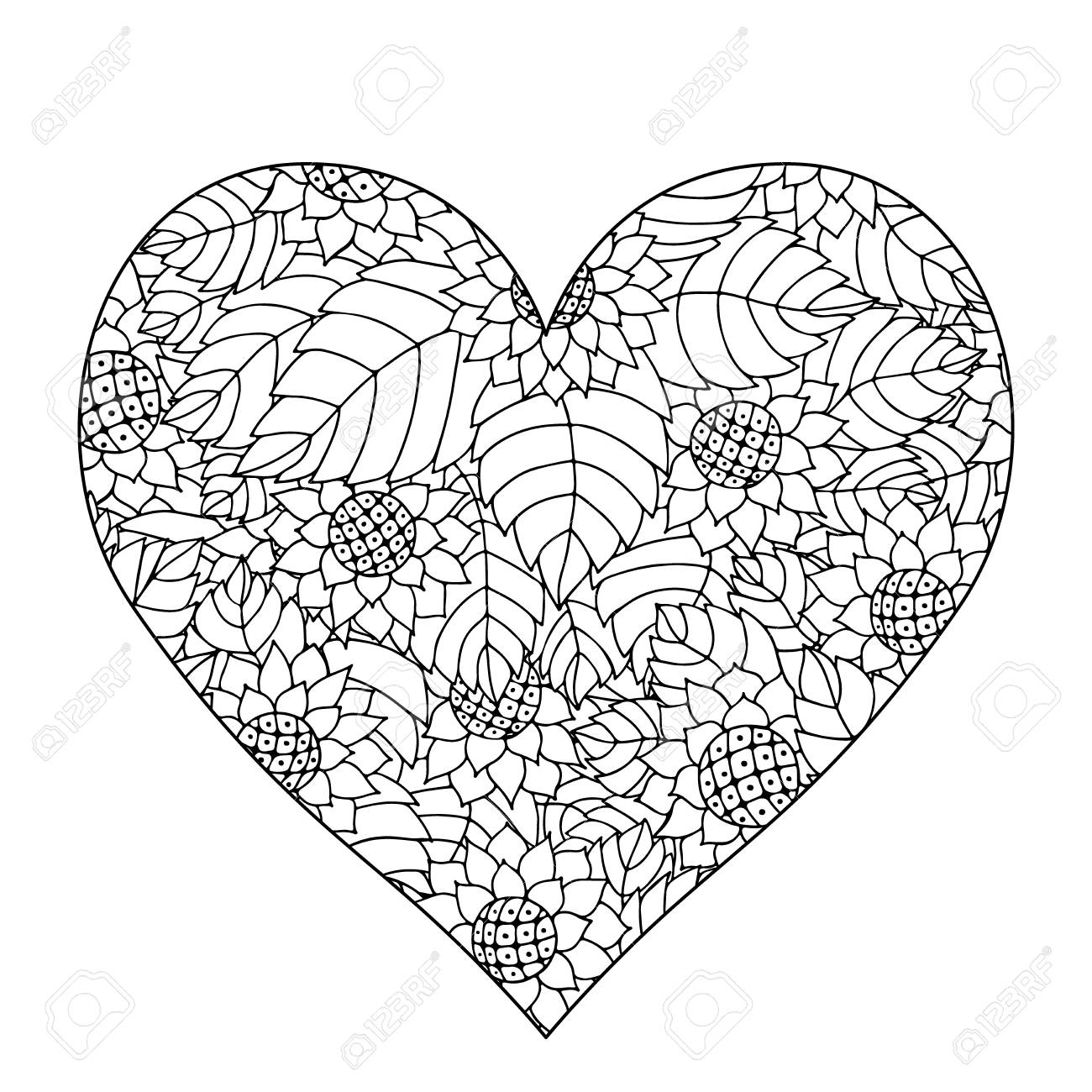 Hand drawn flower heart for adult anti stress coloring page with high details isolated on white background pattern for relax and meditation royalty free svg cliparts vectors and stock illustration image