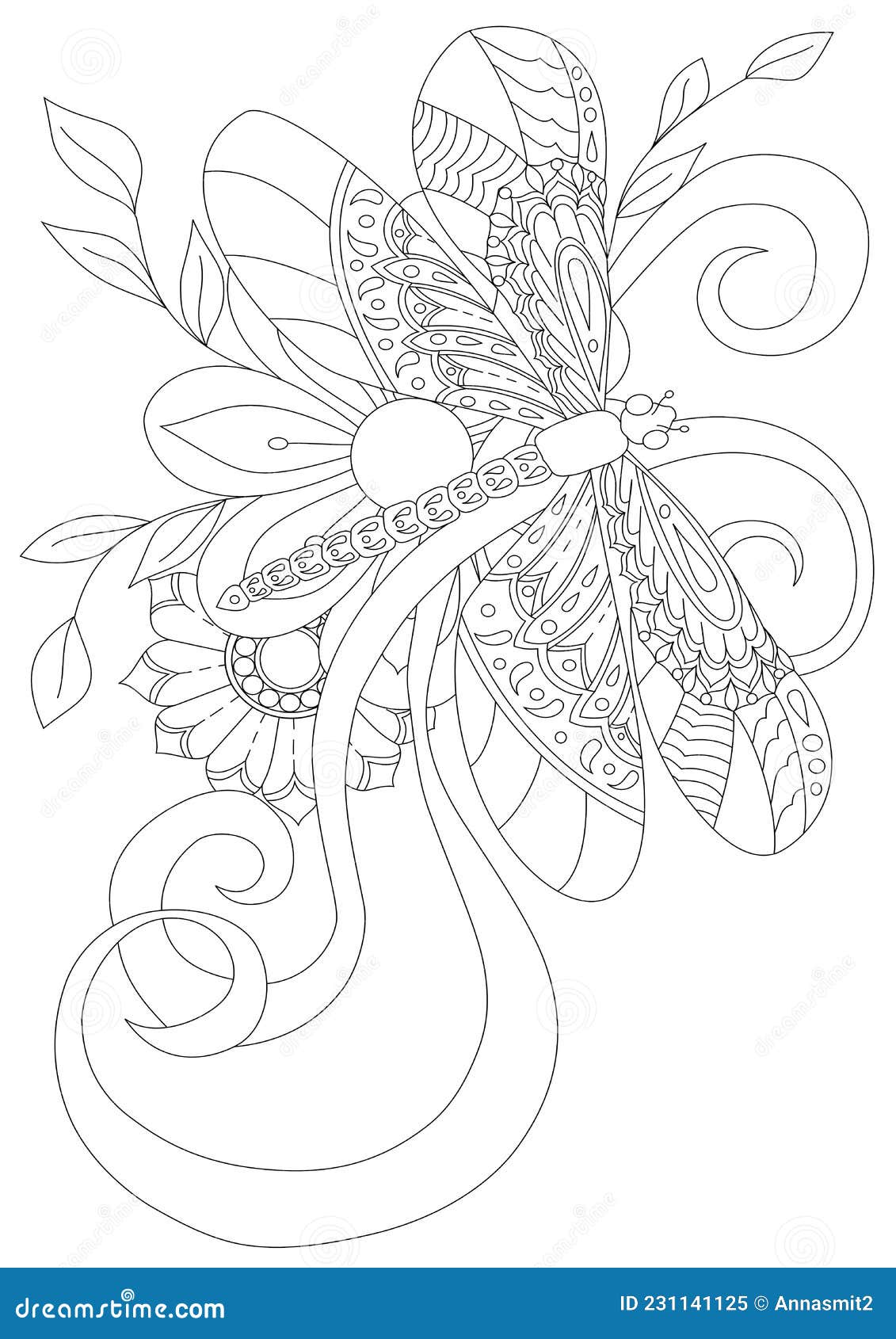 Dragonfly on flowers coloring page stock vector