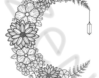 Floral moon printable coloring page printable adult coloring pages floral coloring sheets flower coloring page for adults stress relief