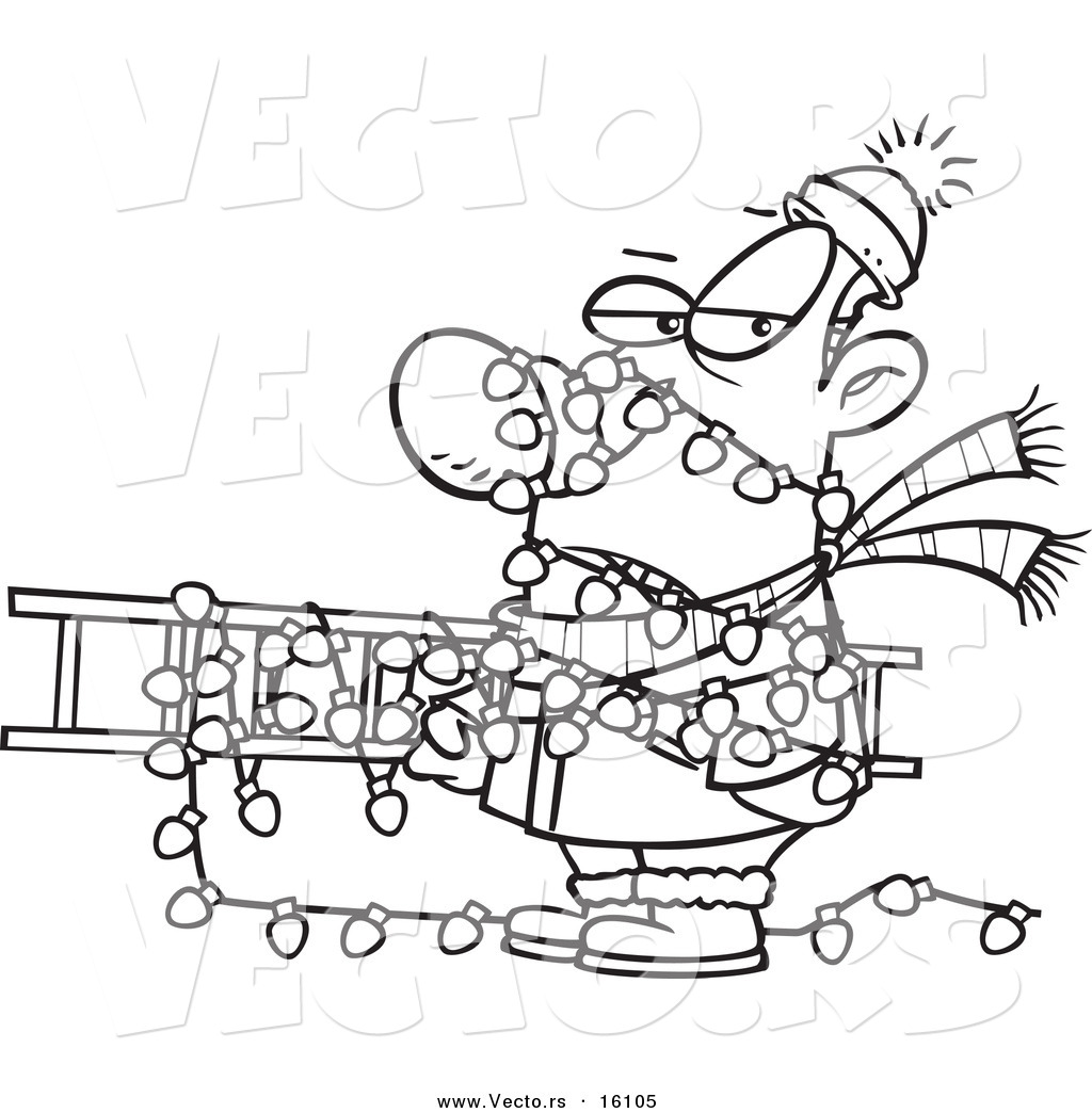 R of a cartoon man tangled in christmas lights carrying a ladder