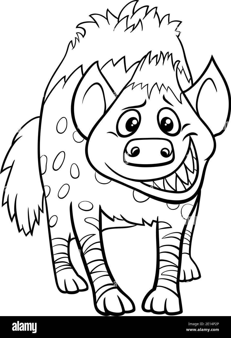 Black and white cartoon illustration of funny hyena wild animal character coloring book page stock vector image art