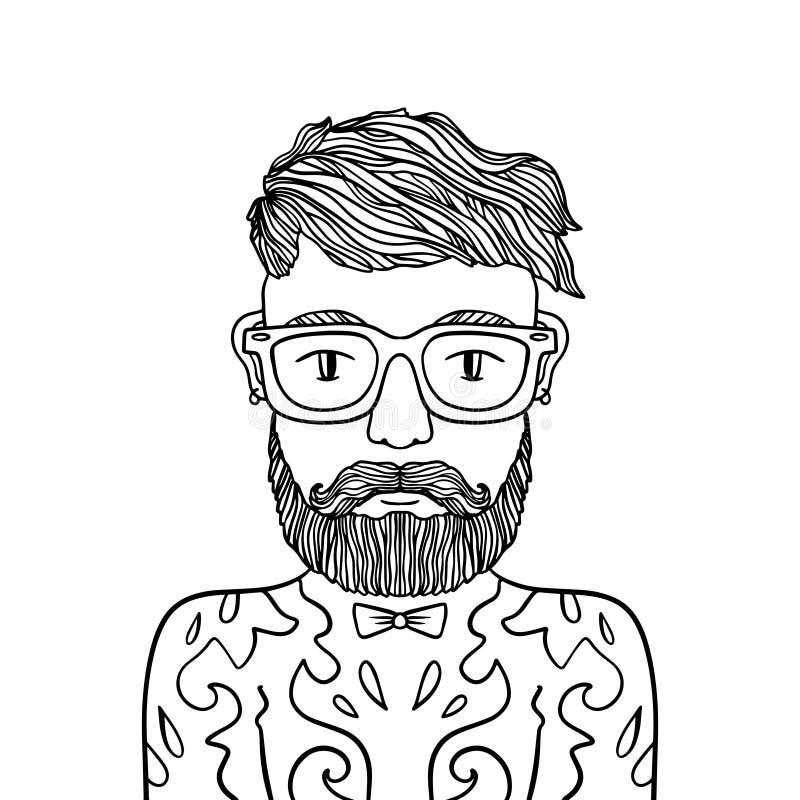 Portrait of handsome stylish casual man hipster with beard sketch doodle style illustration coloring page element stock illustration