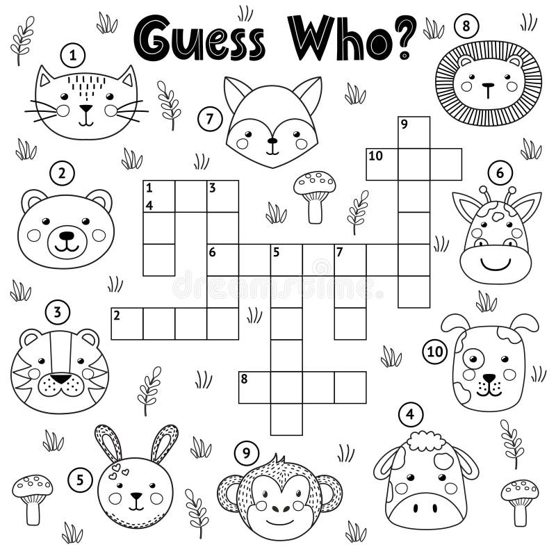 Guess who black and white crossword for kids stock vector