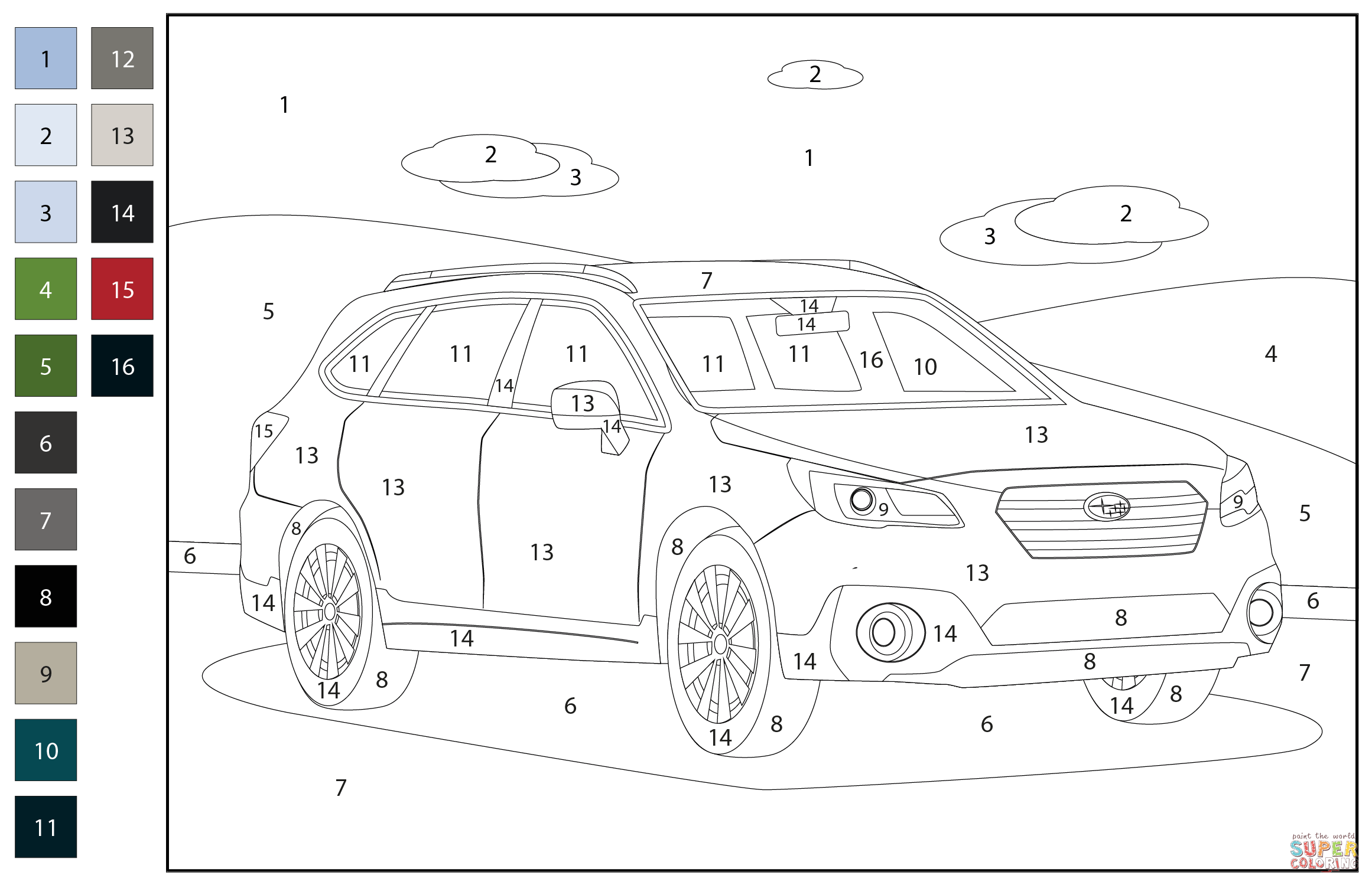 Subaru outback color by number coloring page free printable coloring pages