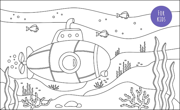 Premium vector coloring page for children and adults a submarine with a periscope underwater vector illustration