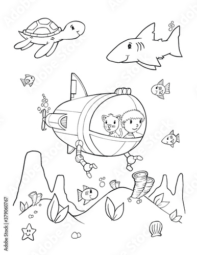 Wall circles ocean explorer submarine loring book page vector illustration art