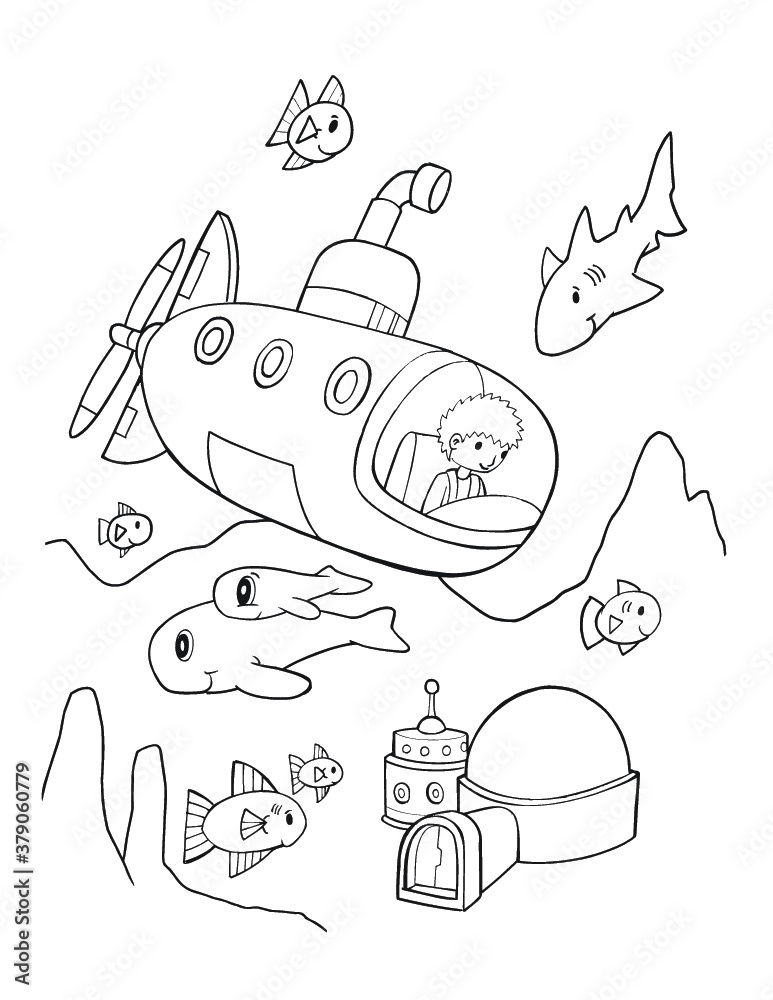 Washable wallpaper murals ocean explorer submarine loring book page vector illustration art