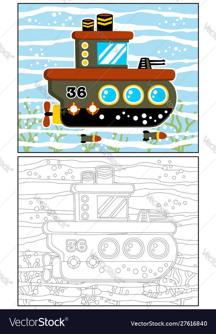 Cartoon military submarine coloring book vector image