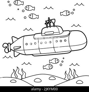 Nuclear submarine vehicle coloring page for kids stock vector image art
