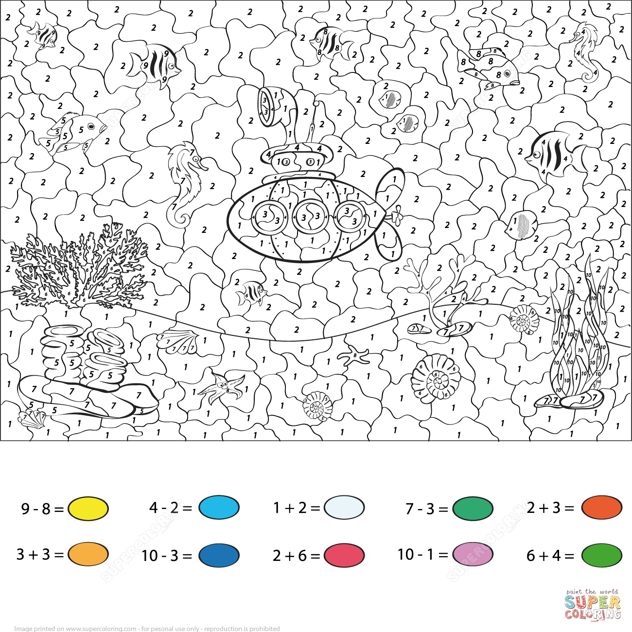 Submarine in the underwater world color by number free printable coloring pages