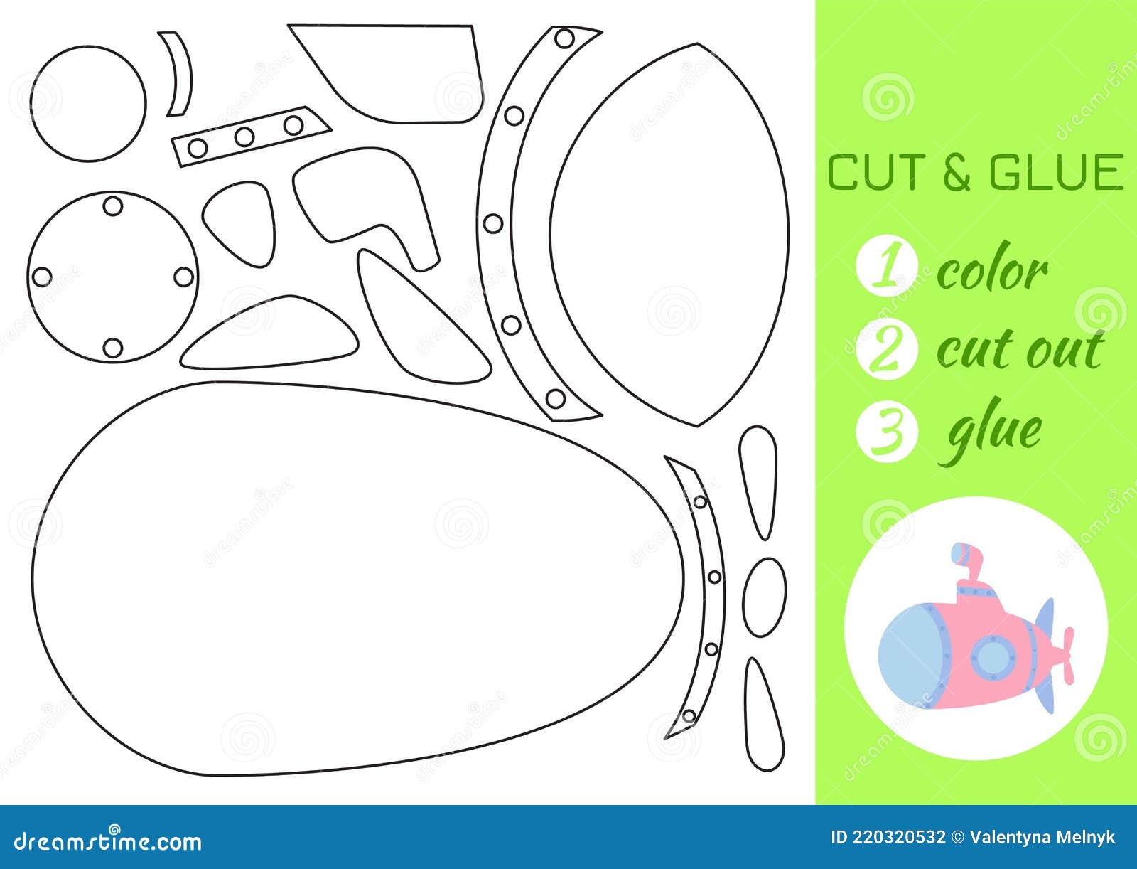 Color cut and glue paper pink submarine cut and paste craft activity page educational game for preschool children stock vector